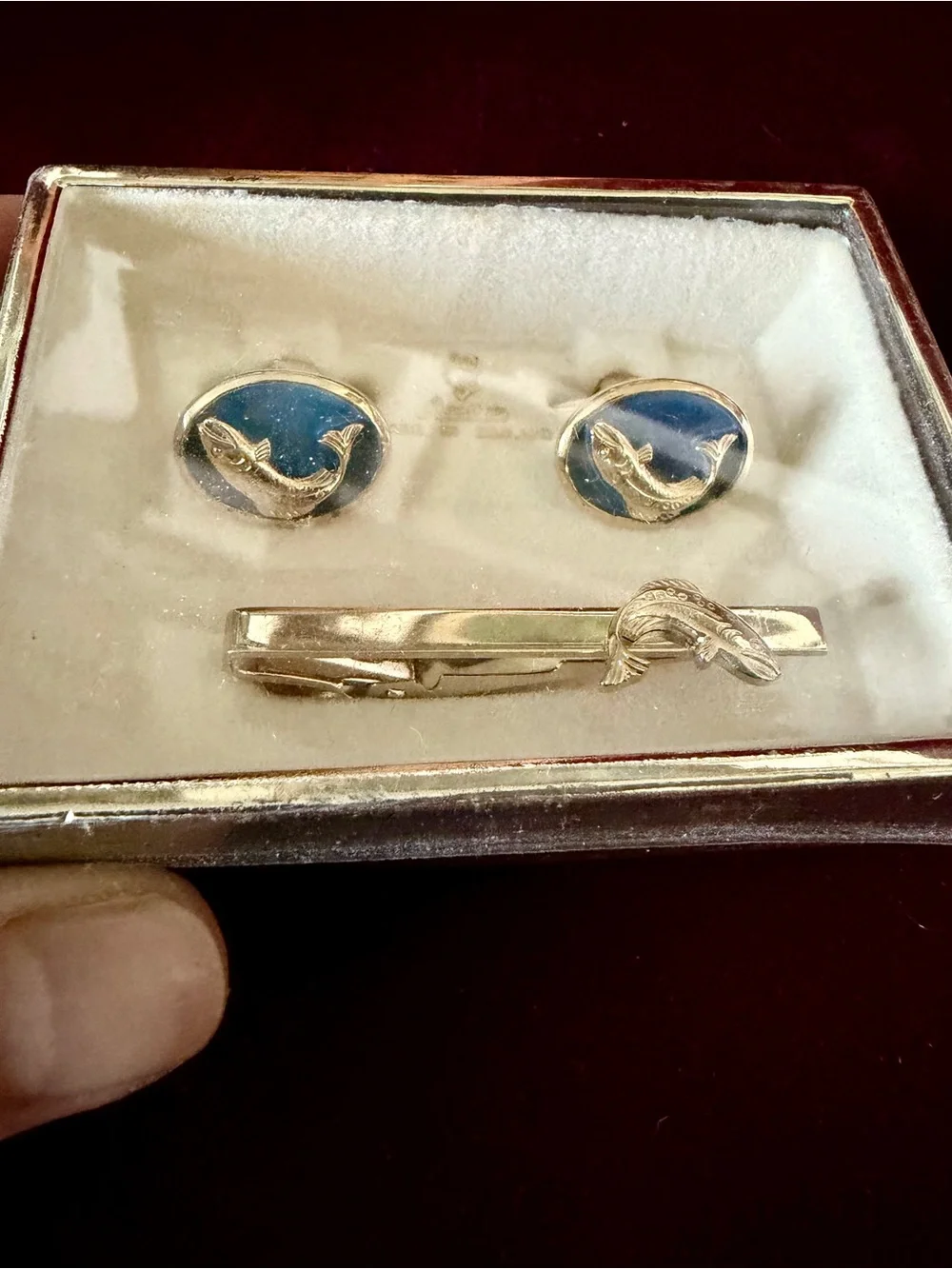 Stratton England Vintage whale gold tone cufflinks & tie clip set
